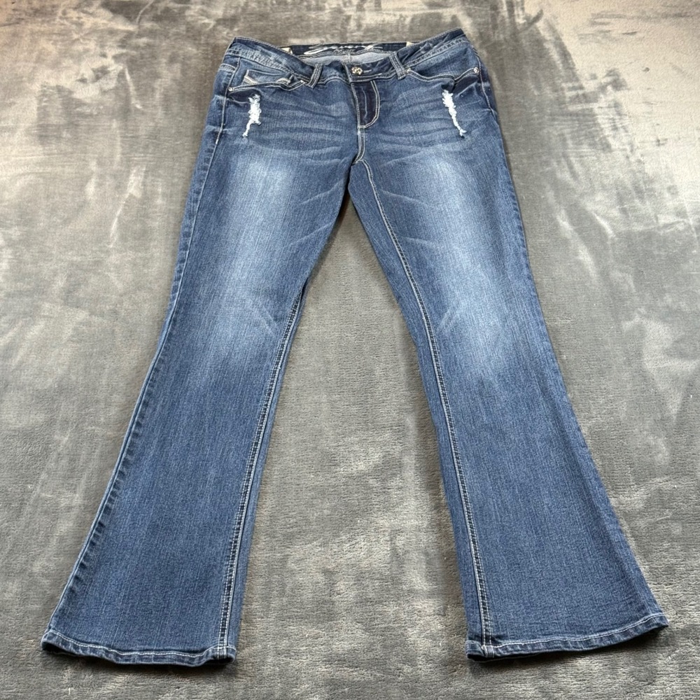Seven7 Women Slim Bootcut Jeans Medium Wash Distressed Size 6 Stretch Mid Rise